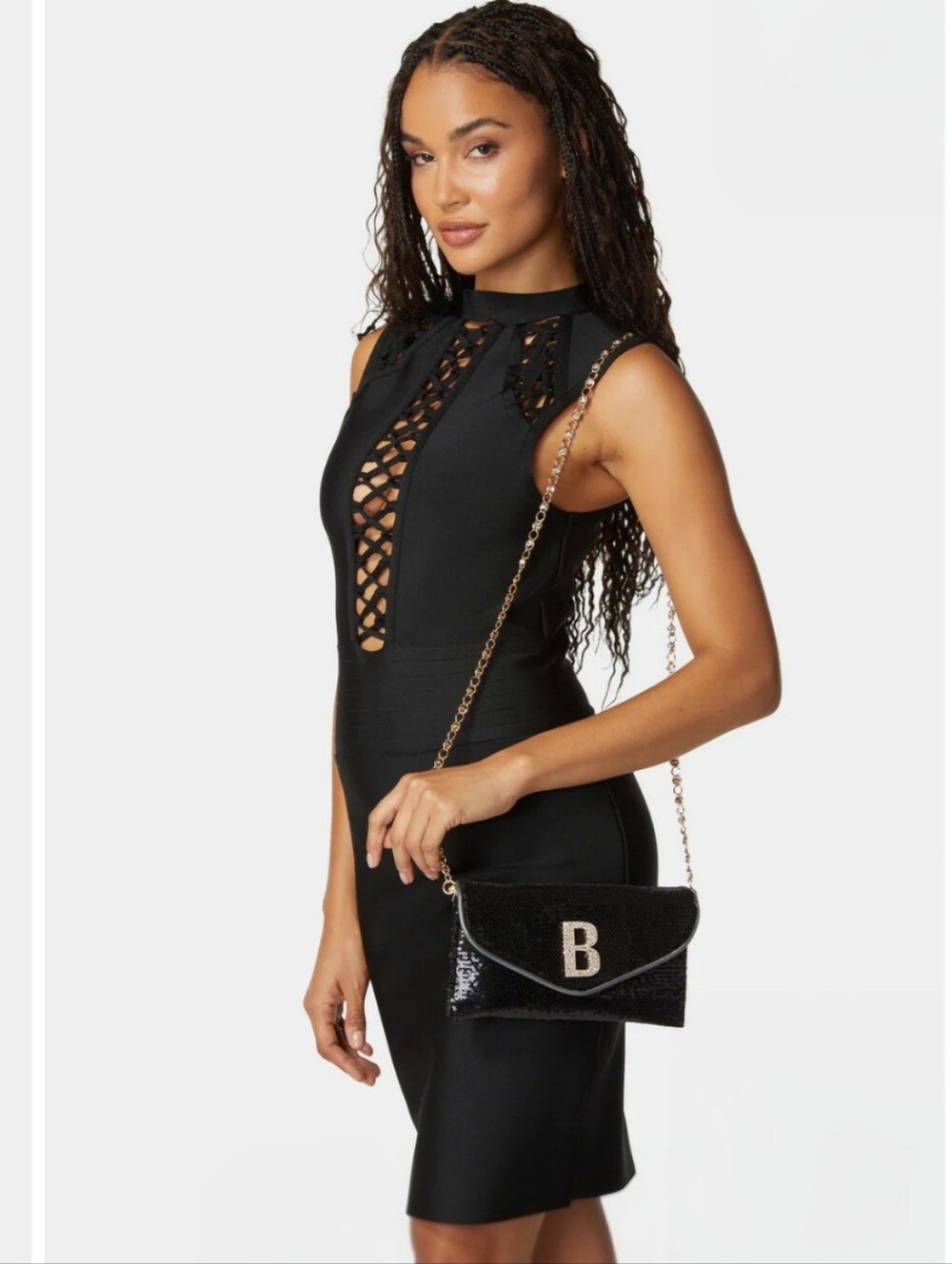 Bebe Miro Sequin Clutch Crossbody Bag in Black, Gold Rhinestone 'B' & Chain NWT